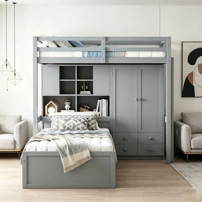 Twin Over Twin Bunk Bed with Built In Lift Up Storage, Drawers, Bookcase and Wardrobe
