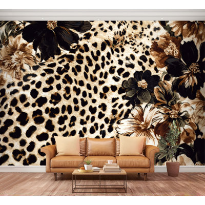 Papier peint adhésif repositionnable à motif léopard, fleurs et taches félines sauvages. Grand espace pour salon, chambre ou chambre d'enfant. Dimensions : 254 cm (H) x 366 cm (L).