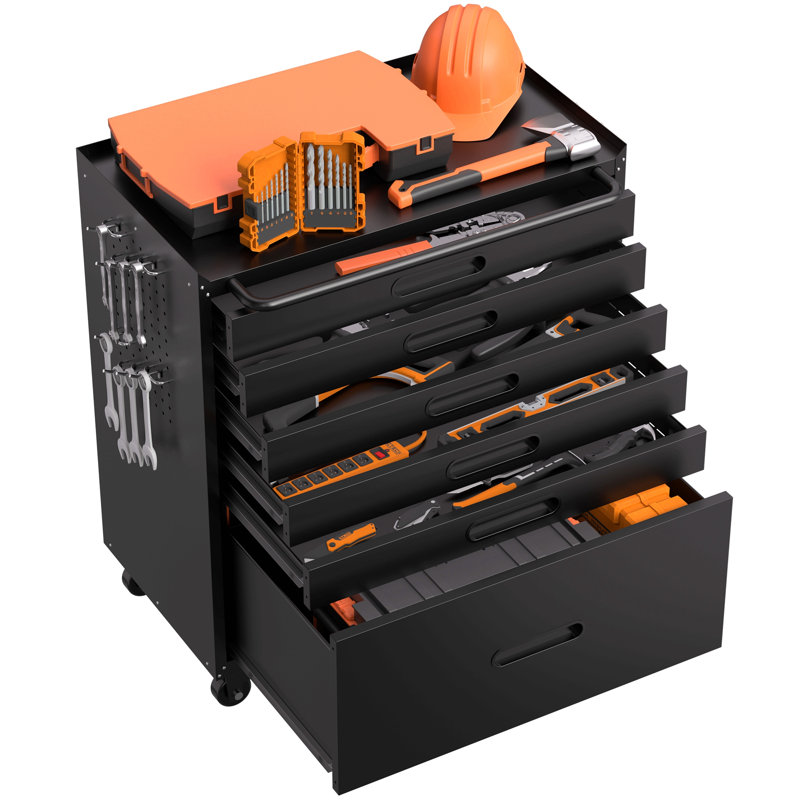Coffre à outils roulant 34,3 po avec 6 tiroirs - Organisateur de garage mobile, tous les tiroirs pour les petites pièces et les outils, fabrication en acier robuste
