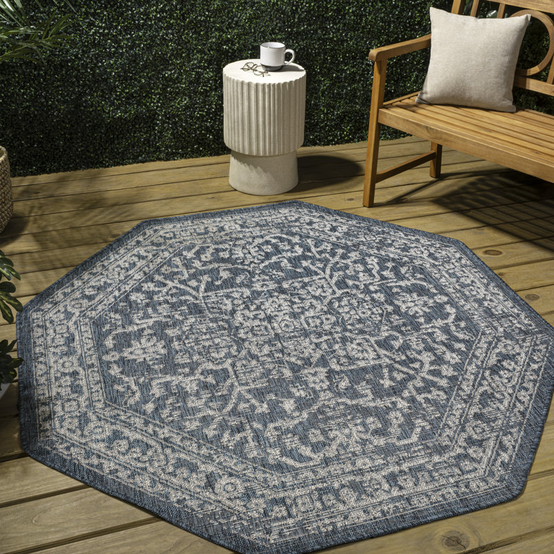 Massimo Bohemian Medallion Textured Weave Teal/Gray Indoor/Outdoor Rug, Octagon 5'3"