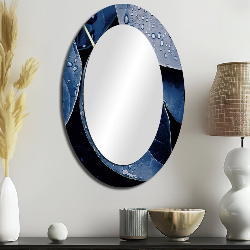 Blue Indigo Leaves Harmony - Miroir mural ovale tropical bleu, 36 po x 24 po
