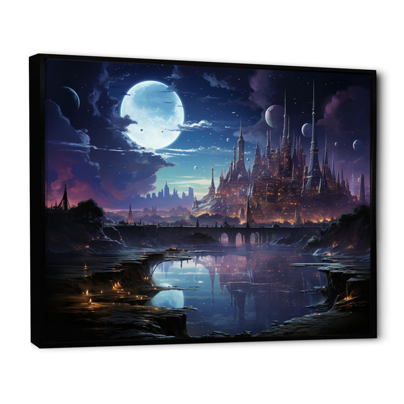 Science-fiction, paysage urbain de nuit, Cadre flottant noir, H 12 po x l 20 po x P 1 po