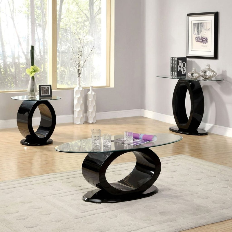 Vanna Table de bout ronde en verre trempé noir avec base en forme de O et finition ultrabrillante