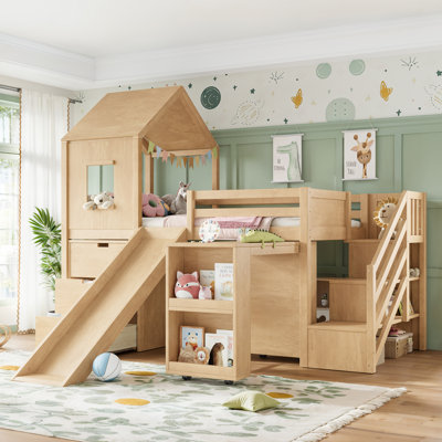 Lit mezzanine double avec tiroirs de rangement, escalier, étagères, bureau coulissant et glissade, 1 pièce, couleur naturelle