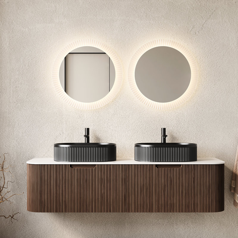 Meuble-lavabo moderne de 60 po avec 2 vasques en céramique noire, noyer foncé, pré-assemblé, rangement spacieux, tiroirs à fermeture en douceur, finition rayée 3D, lavabo de haute qualité, lavabos ovales de comptoir, mur