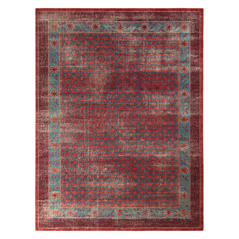 Distressed Homage Hand Knotted Wool Geometric Area Rug in Blue, Orange, Red, Beige, Brown, Rectangle 12' x 15'