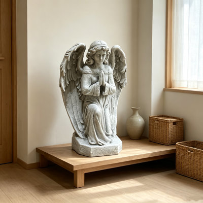 Statue ange priant en oxyde de magnésium agenouillé, figurine d'ange rétro effet pierre résistante aux intempéries