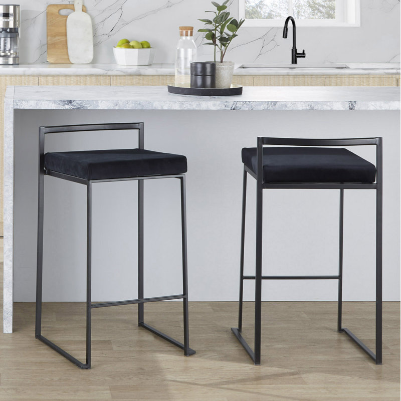 Tabouret de bar et de comptoir Brieon, Noir, Velours noir, Tabouret de comptoir (siège d'une hauteur de 27 p
