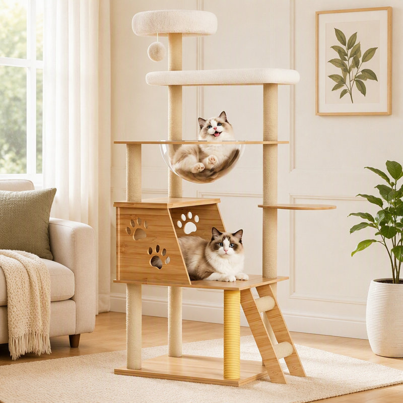 Arbre à chat de 136 cm avec perchoir capsule transparent, poteaux à griffer en sisal et échelle d'escalade pour jouer et se reposer à l'intérieur