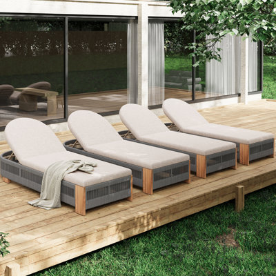 Garden Backyard Pool Outdoor Wood Uncushioned Lounge Chair Of 4, Grey Rope & Natural Iron, Rustic Elegance, All - Weather Compatibility Patio Uncushioned, Breathable Slatted Base, Ideal For Spaces