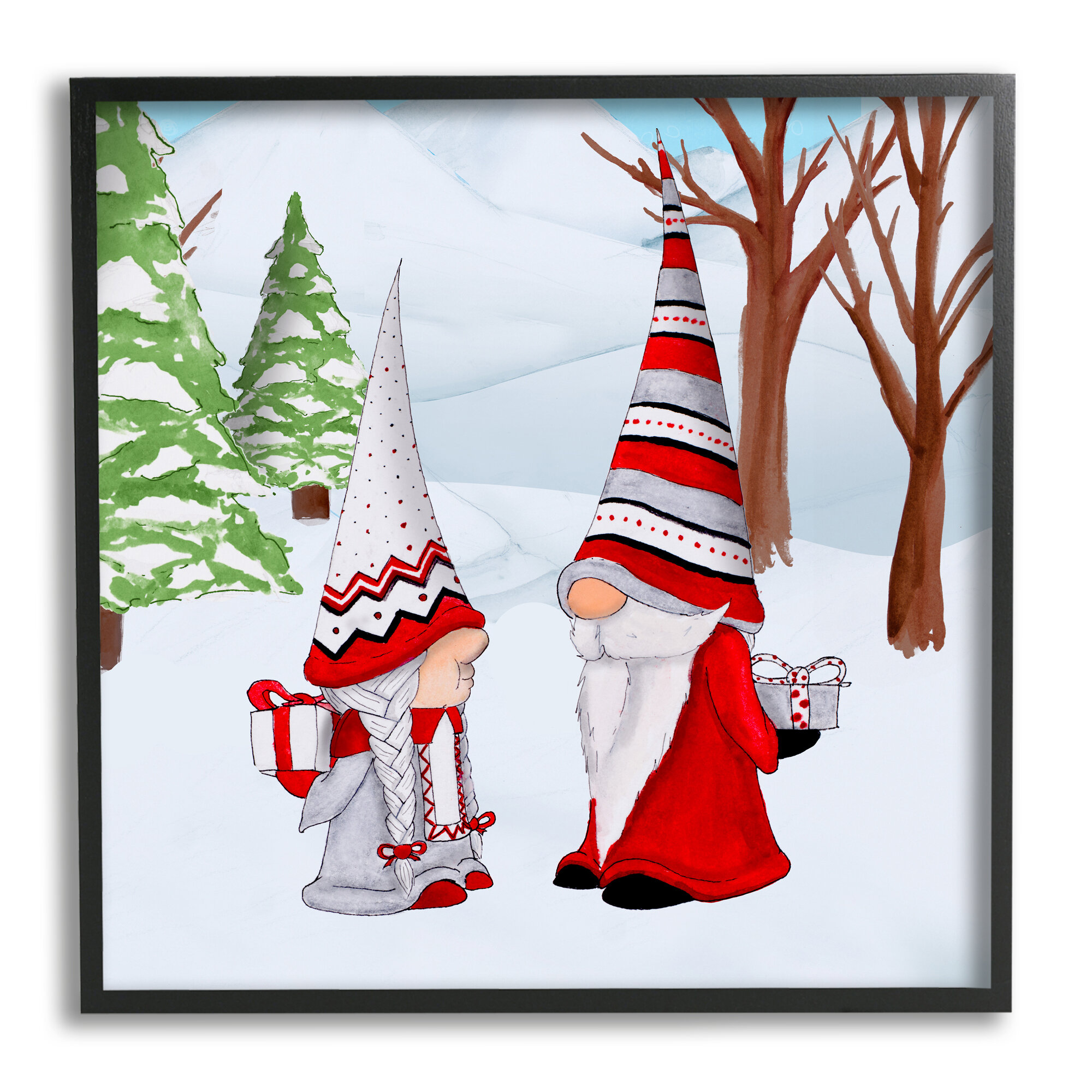 Stupell Industries Festive Winter Gnome Couple Holiday Presents Garden Elf  Framed On Canvas by Hugo Edwins Print