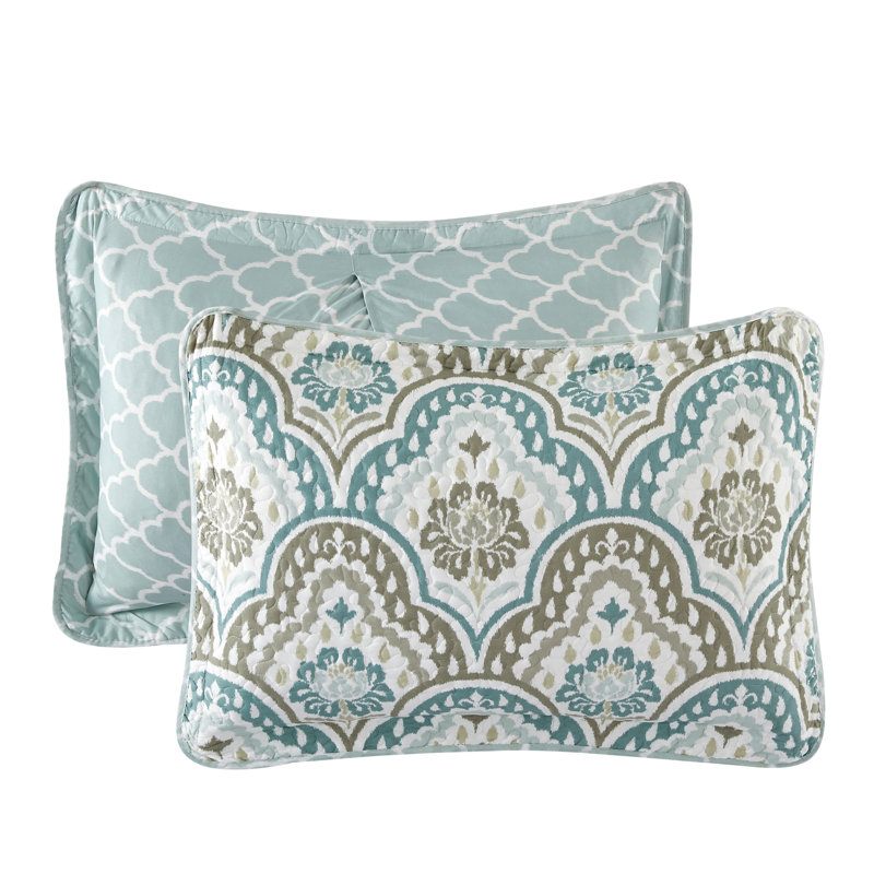 Tivoli Blue and Beige Reversible Microfiber Queen Quilt Set