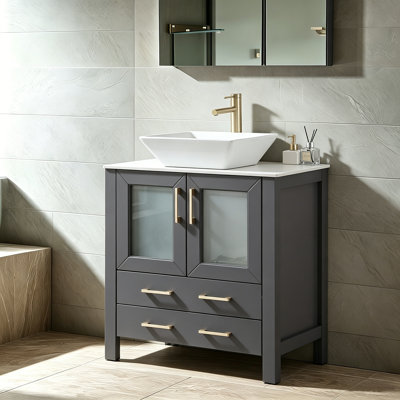 30''Modern Black Vessel Bathroom Vanity With Stroage