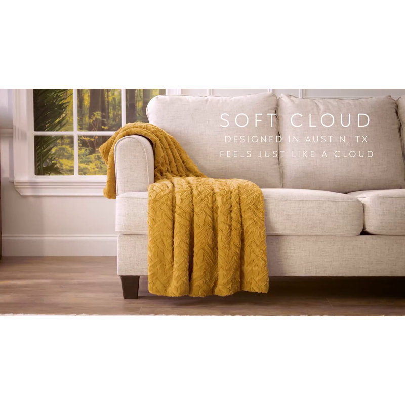 Golden Knitted Faux Fur Throw Blanket with Tassels