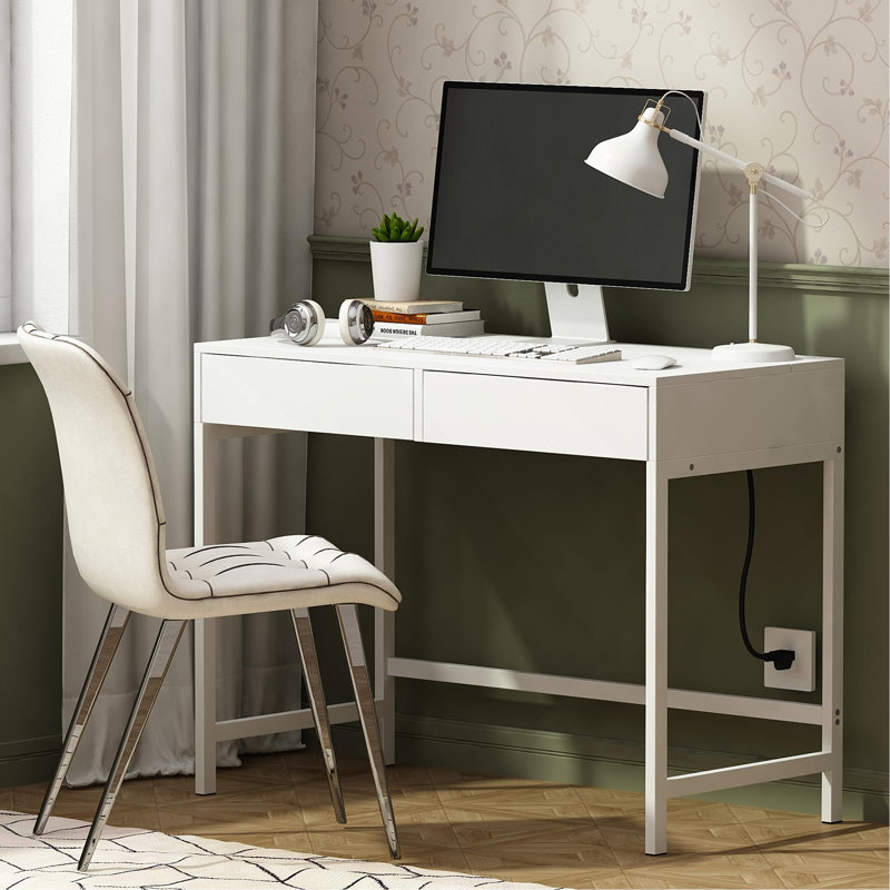 Bureau de charge 40 po avec 2 prises et 2 ports USB - Bureau d'ordinateur / meuble-lavabo à 2 tiroirs pour bureau ou chambre à coucher