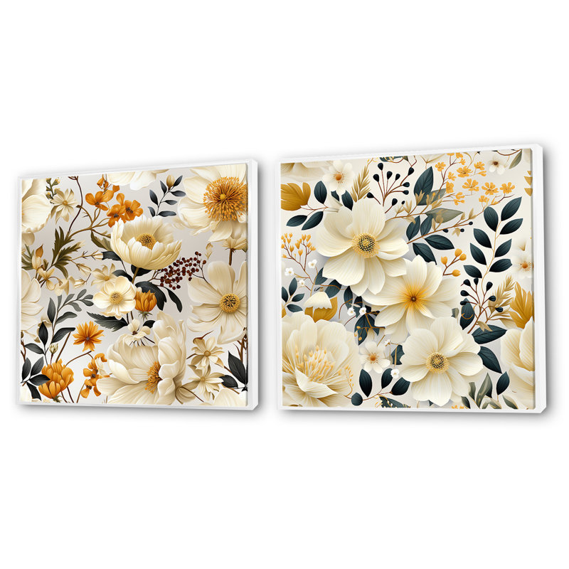 Lunaire - Ensemble de 2 collages carrés botaniques abstraits, Cadre flottant blanc, H 36 po x l 73 po