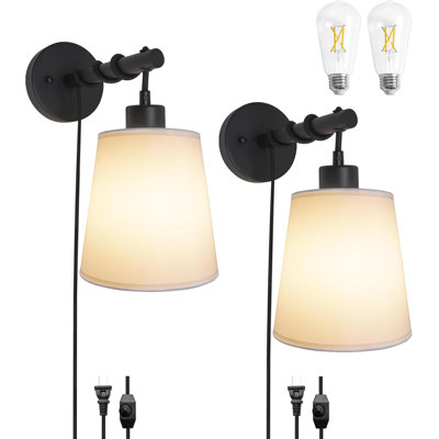 Dimmable Plug In Wall Sconces Set Of Two With Fabric Linen Shade, 180Cm Long Cord, Rotary Dimmer Switch, Wall Mounted Bedside Lamps For Living Room And Bedroom