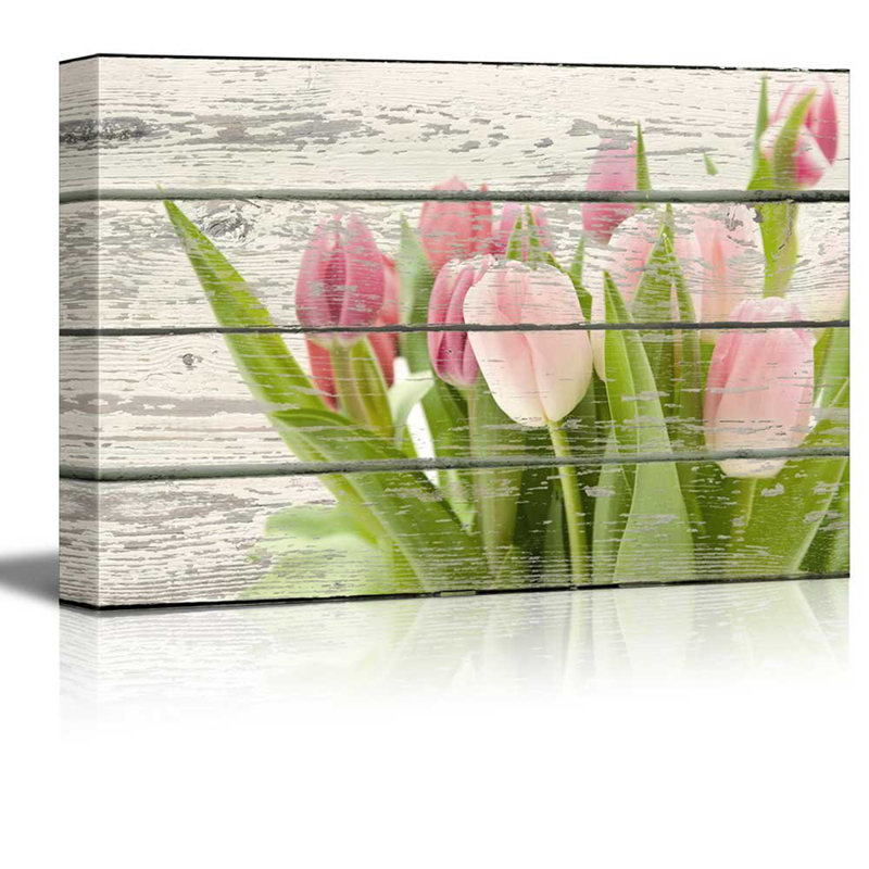 Art floral de tulipes roses et vertes, H 12 po x l 18 po