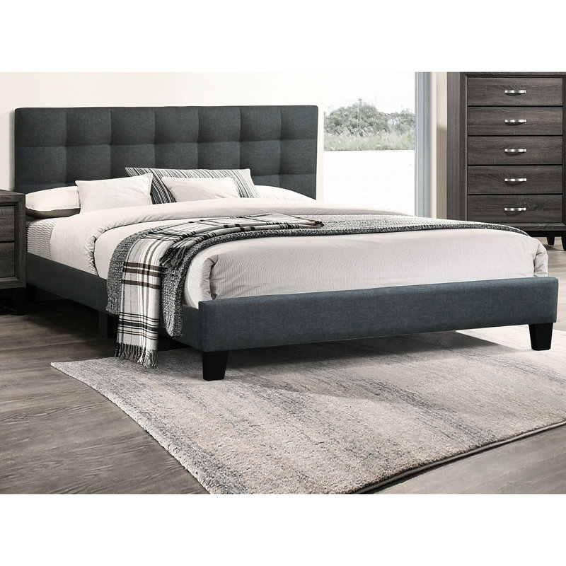 Lit double avec tête de lit tapissier gris anthracite et base plateforme pour chambre à coucher, Lit double, Gris anthracite