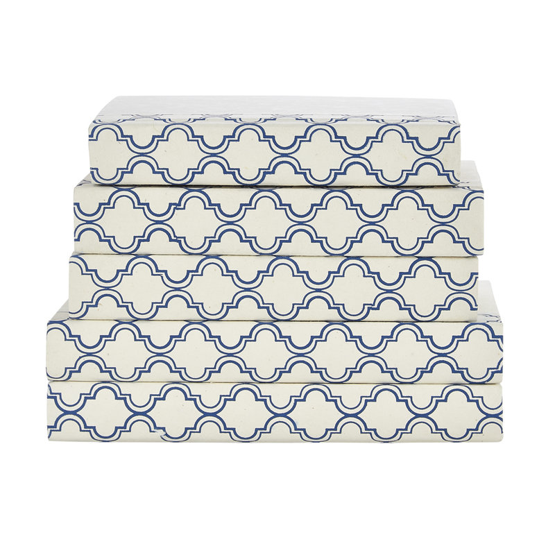 Quatrefoil 5 Piece Book Set, Navy Blue/Off White