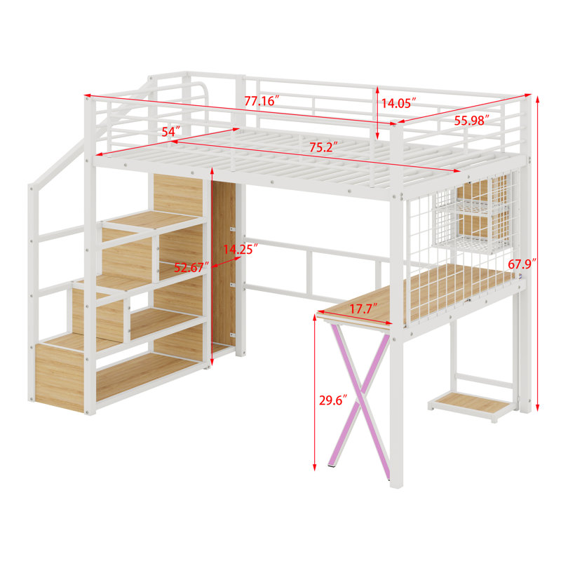 Metal Loft Bed With Wardrobe, Storage Staircase And LED, Full
