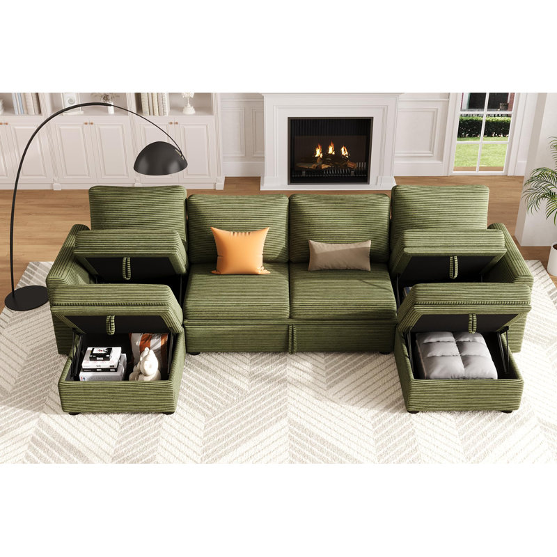 Canapé-lit modulaire en U modulaire avec lit escamotable - Canapé en velours côtelé à 6 places pour le salon, canapé en L avec siège de rangement et 2 repose-pieds, grand canapé modulaire pour les espaces spacieux