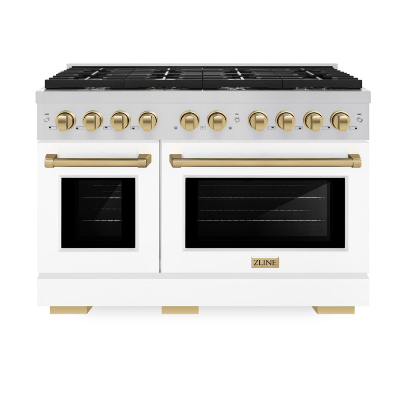 ZLINE 48 in. 8 Burner Double Oven Gas Range in Stainless Steel with White Matte Doors and Accents