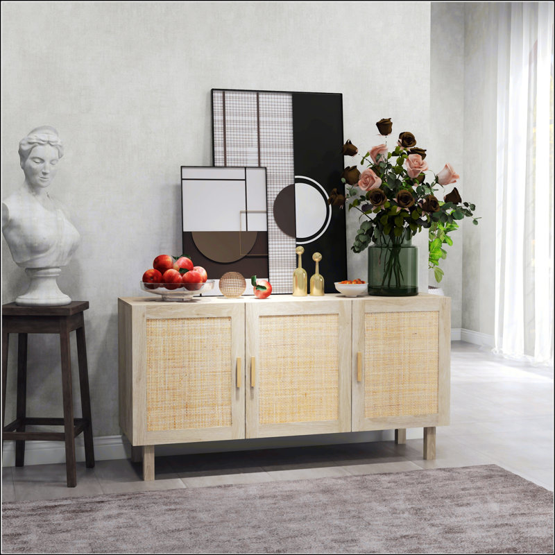 Armoire avec 3 portes en rotin et tablettes réglables, Naturel