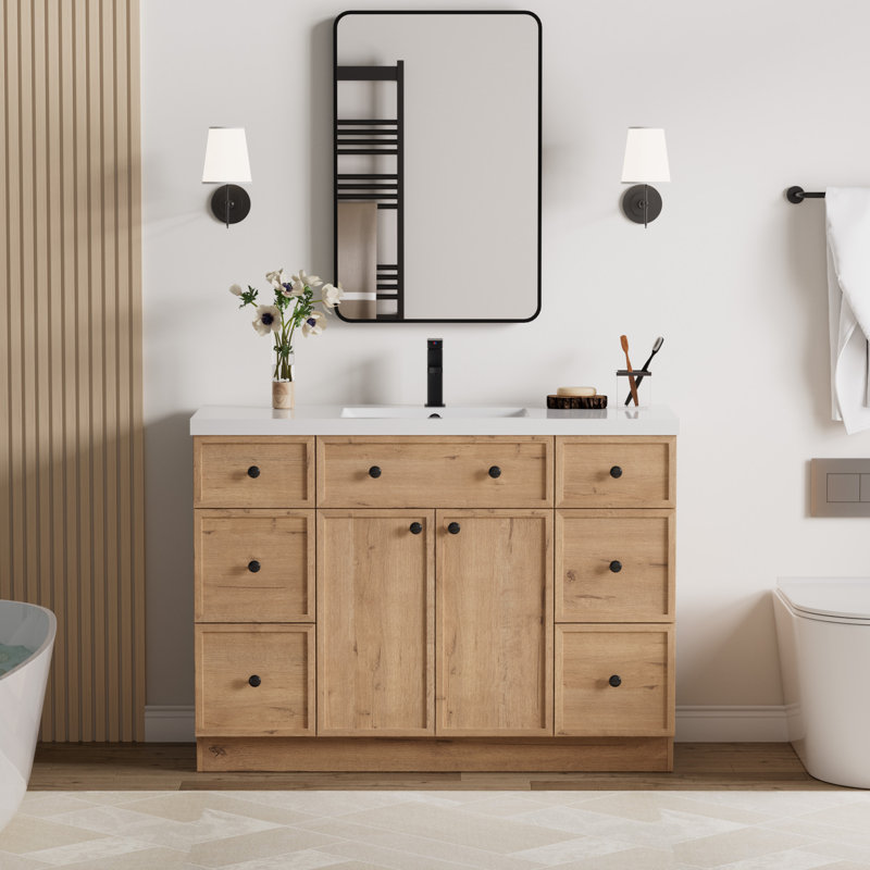 Jadaya 48 Inch Single Sink Bathroom Vanity Set With Resin Sink Top, Assembly Required, Oak