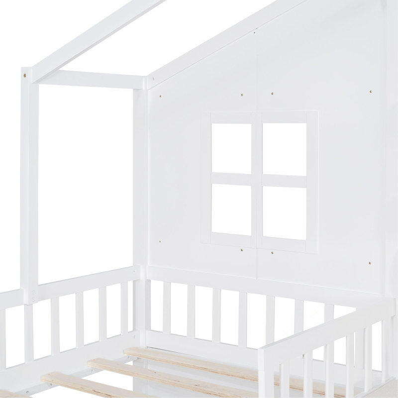 Lit House avec canapé, lit plateforme pour enfants avec deux tiroirs et tablette de rangement, Blanc