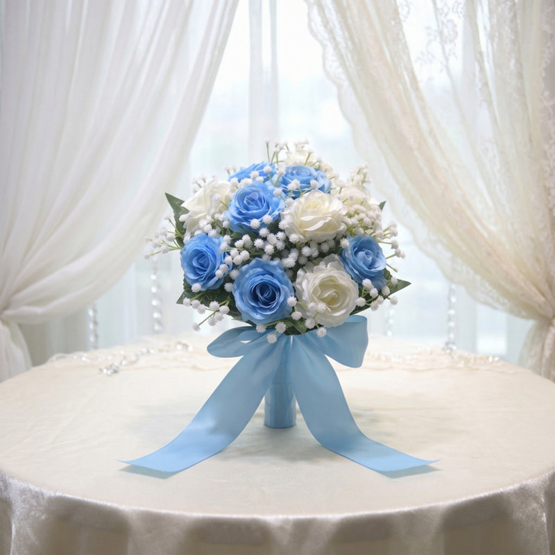 Bouquet de mariée artificiel Rose & Baby's Breath - Fleurs en soie réalistes avec ruban de satin, options multicolores pour les mariages et la décoration intérieure