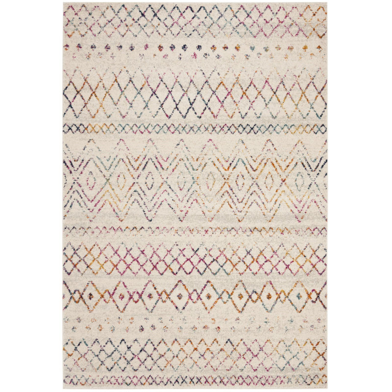 Christa Geometric Power Loom Ivory/Fuchsia Rug, Rectangle 5'3" x 7'6"
