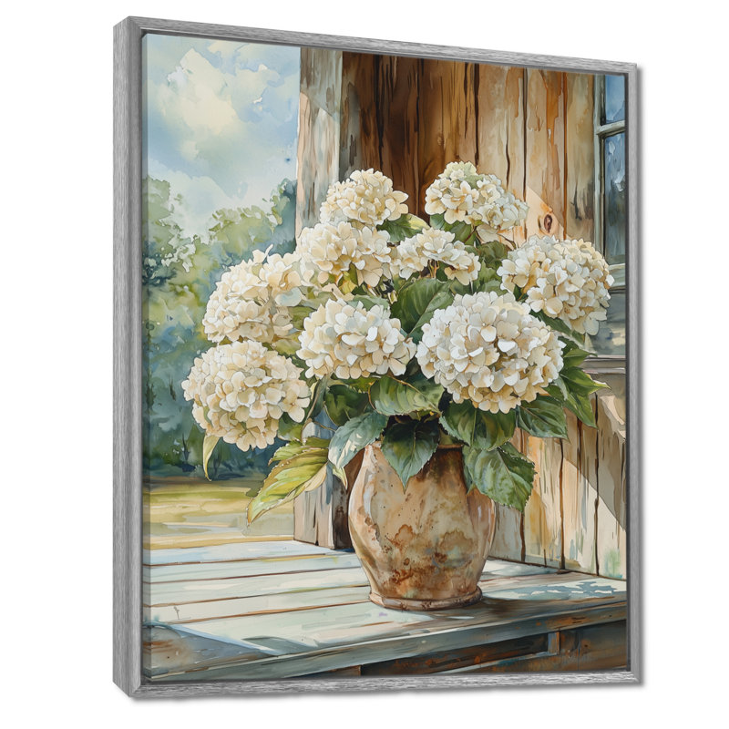 Farmand Hydrangeas Pot In The Summer Breeze - Hydrangea Wall Art, Argent argent, H 32 po x l 24 po