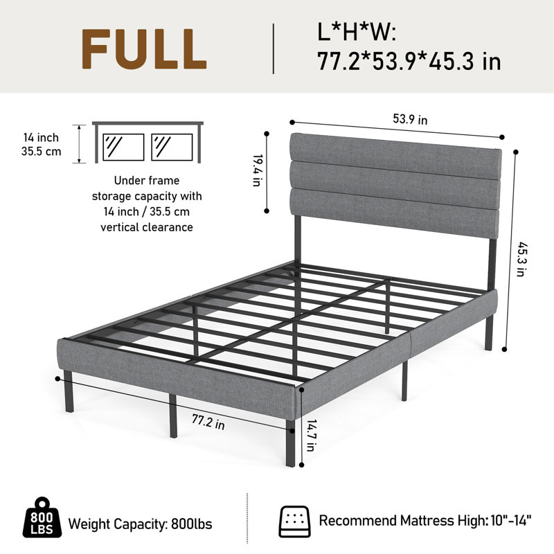 Upholstered Platform Bed Frame - With Headboard, No Box Spring Needed, 14" Underbed Storage​, Full, Gray/Black