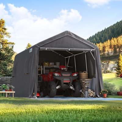 ADVANCE OUTDOOR 10X15 ft Carport Steel Metal Peak Roof Anti-Snow Portable Garage Shelter Storage Shed for Motorcycle Boat or Garden Tools with 2 Roll up Doors & Vents, Grey