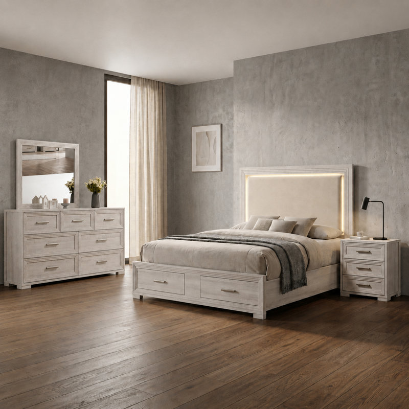 Ensemble de chambre avec lit tapissier Liora, Grand lit, Ensemble de 4 pièces : lit, table de chevet, comm, Rustique naturel