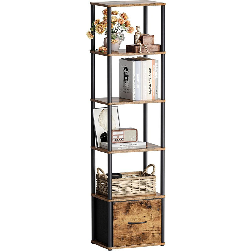 Bibliothèque échelle étroite sur pied - Bibliothèque haute avec rangement pour petits espaces, idéale pour le salon, la chambre à coucher, le bureau ou le bureau, brun rustique