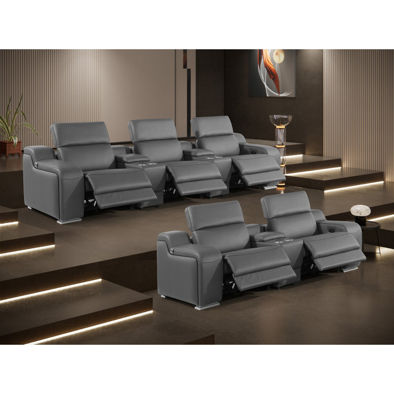 Ensemble de canapés inclinables en cuir italien 8 pièces 8 pièces avec appui-tête électrique, Cuir gris