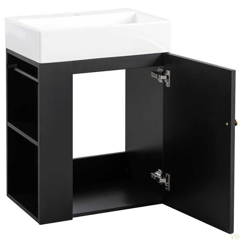 Meuble-lavabo de 20 po avec lavabo en céramique, poignée de porte à motif de losanges et tablettes de rangement latérales - petit cabinet moderne avec barre à serviettes, fabrication en panneau de fibres à densité moyenne, assemblage requis