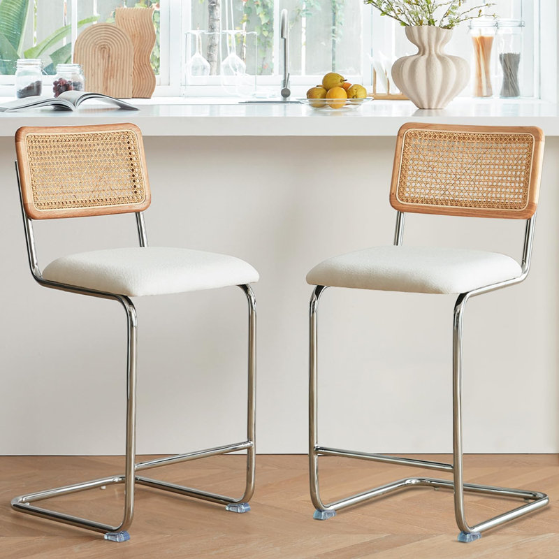 Natural Rattan and Solid Wood Counter Height Stools with White Upholstery and Chrome Metal Legs