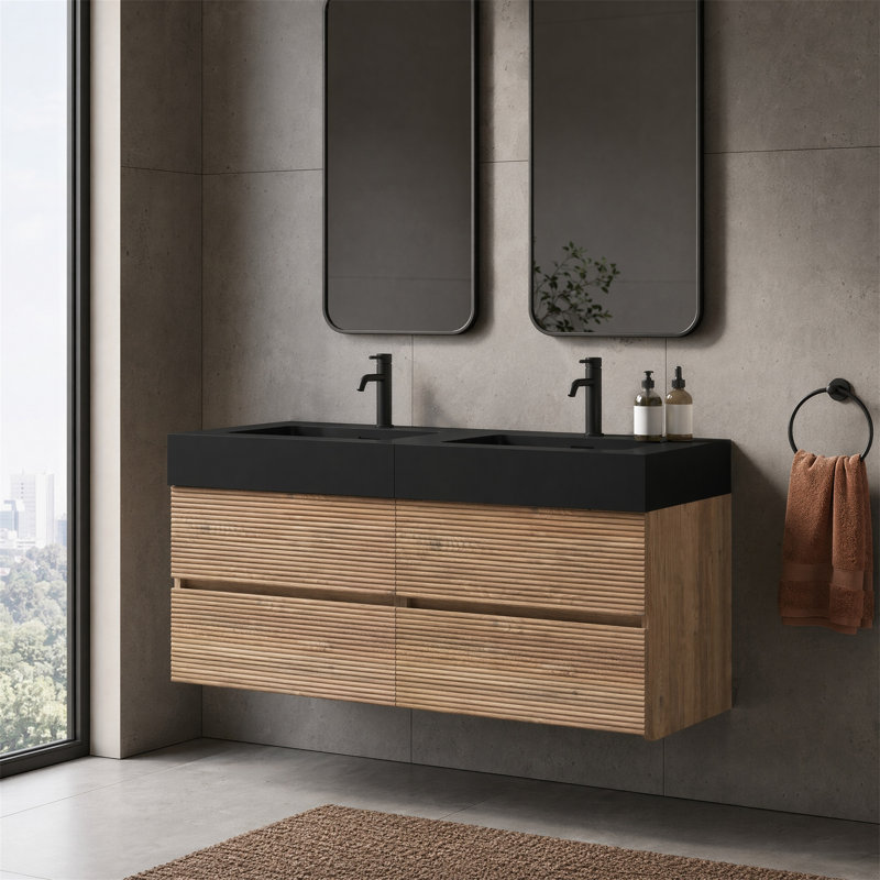 Meuble-lavabo mural 48 po, grille et noyer noirs, lavabo à quartz noir, 2 tiroirs à fermeture en douceur, Noir