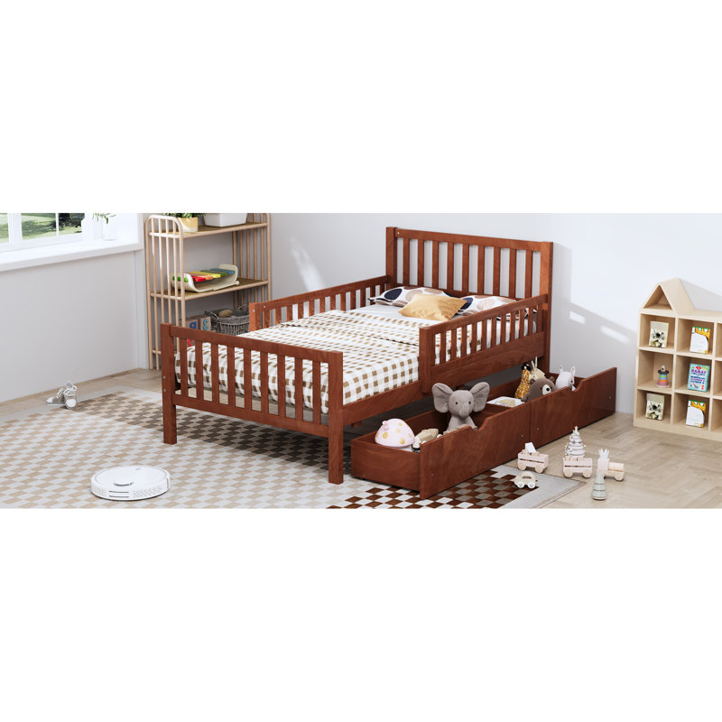 Lit plateforme simple en pin et noyer avec barrières de sécurité latérales et deux grands tiroirs de rangement, fini lisse, construction robuste, 8 lattes en bois massif, meuble gain de place pour la chambre