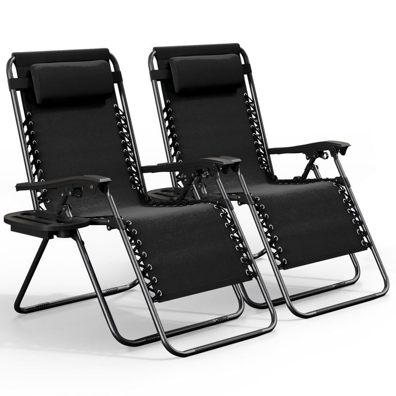 Nestl Zero Gravity Reclining Outdoor Patio Chairs with Pillows & Cup Holder Trays, Black