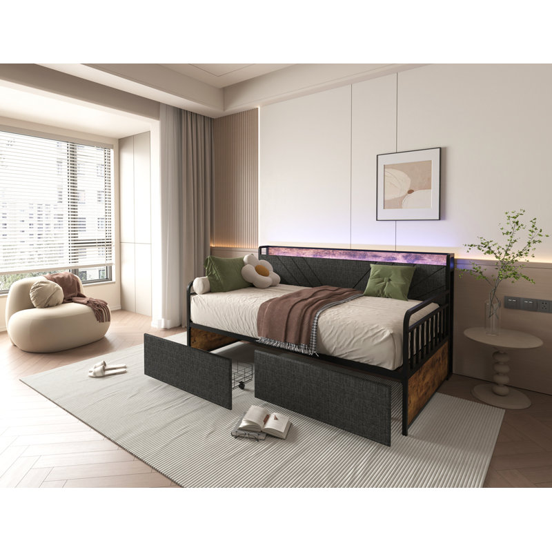 Twin Daybed With Drawers, Sturdy Metal Frame, Upholstered Headboard, And Charging Station For Versatile Use In Living Room, Bedroom, And Guest Room