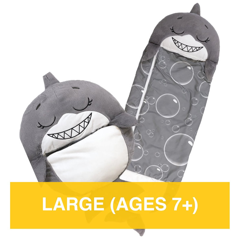 Happy Nappers: oreiller et sac de sommeil: requin, 2-en-1: animal en peluche s'ouvre dans un sac de couchage, personnage de jeu doux, enfants de 7 ans et plus