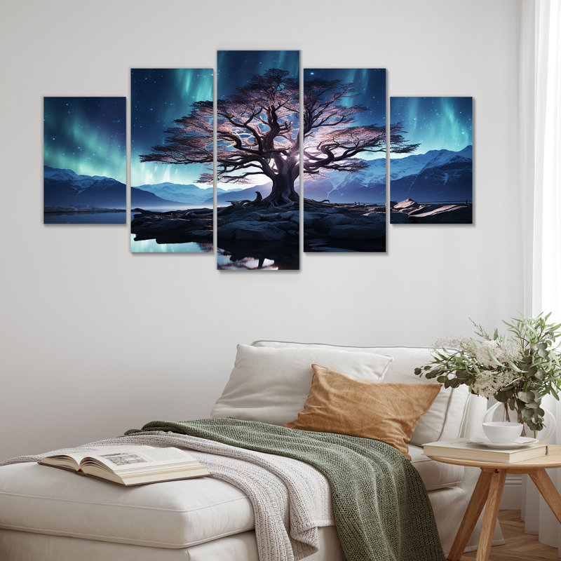  «Blue and Pink Tree In Northern Lights II - Tree Multipanel Wall Art Set