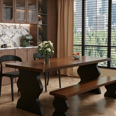 62.99"Mid-Century Solid Pine Wood Dining Table with Minimalist Sculptural Base – Warm Natural Grain for Dining Room Tea Room Home