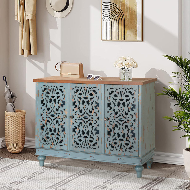 Sideboard And Buffet With Storage, 3-Door Hollow-Carved Accent Wamblee, Distressed Wood Storage Wamblee Cupboard For Kitchen, Dining Room, Living Room, Entryway, White