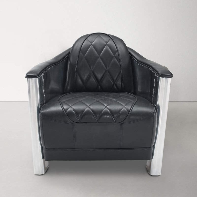 Pettengill Tufted Distressed Genuine Top-Grain Leather Accent Armchair, Black