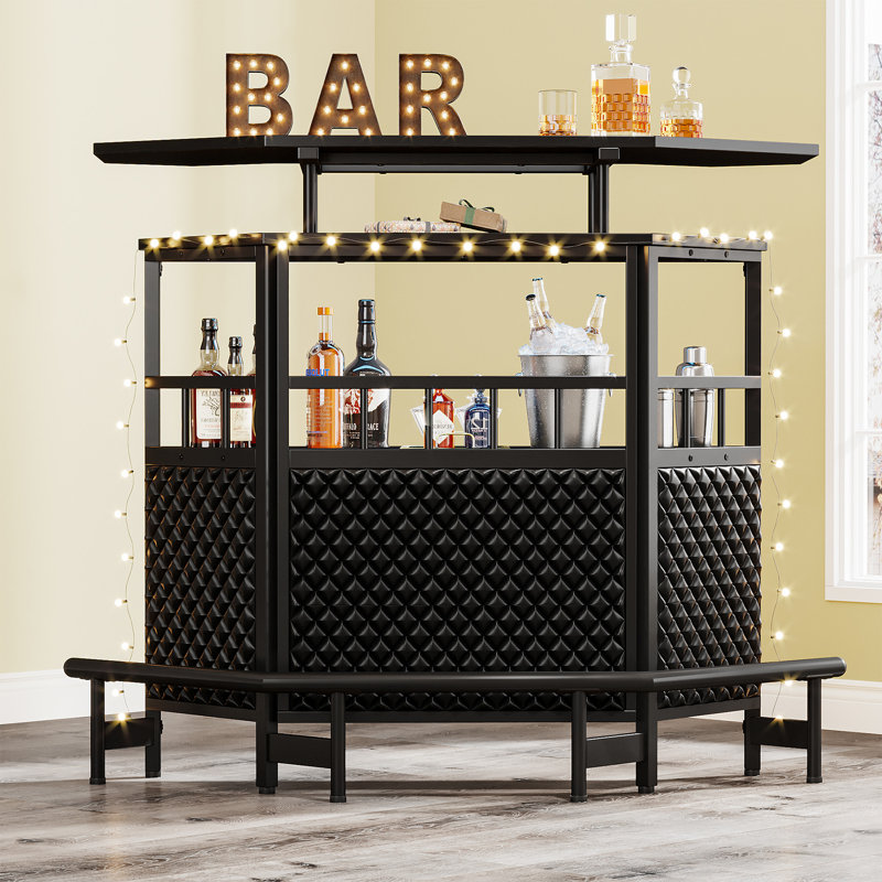 Bar Unit For Liquor, 4 Tier Home Bar Cabinet With Storage Shelves And Footrest, Corner Mini Bar Table With Wine Glass Holder For Home/Kitchen/Bar/Pub, Black